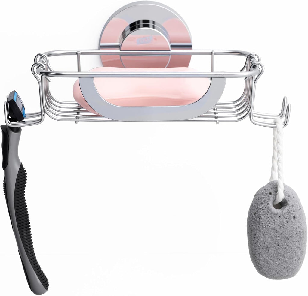 TAILI Soap Bar Holder Dish with Hooks, Shower Soap Tray Saver Suction Cup with Razor Holder for Wall, Rustproof Stainless Steel Bath Shampoo Caddy for Bathroom Accessories Organizer, Silver