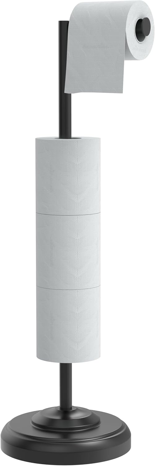Freestanding Toilet Paper Holder Stand with Storage – Holds 4 Extra Rolls –Matte Black- Toilet Paper Holder for Bathroom – Sturdy Base, Classic Retro Style, Space-Saving Bathroom Storage