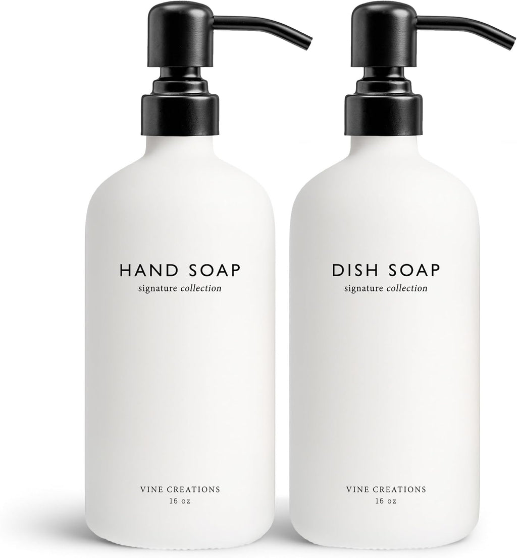 Vine Creations White Glass Soap Dispenser Set, Dish Soap and Hand Soap Dispenser Set with Stainless Steel Pump, 16 oz Glass Dispensers for Kitchen or Bathroom Decor (Matte White Bottle/Matte Black)