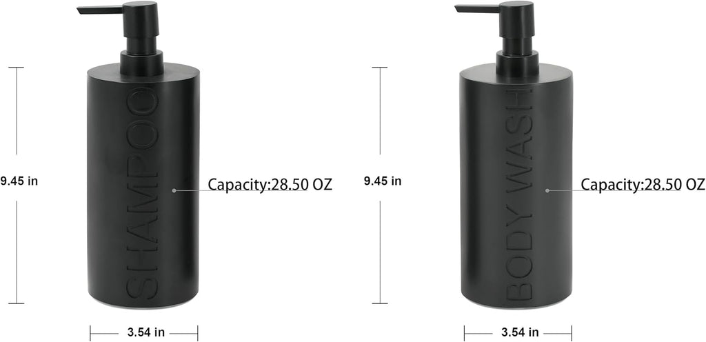 Matte Black Resin 2 Piece Shampoo and Body Wash Dispenser Set, Luxurious Refillable Pump Bottles with Matte Pump Top and Embossed Text, Durable Design for Bathroom and Shower