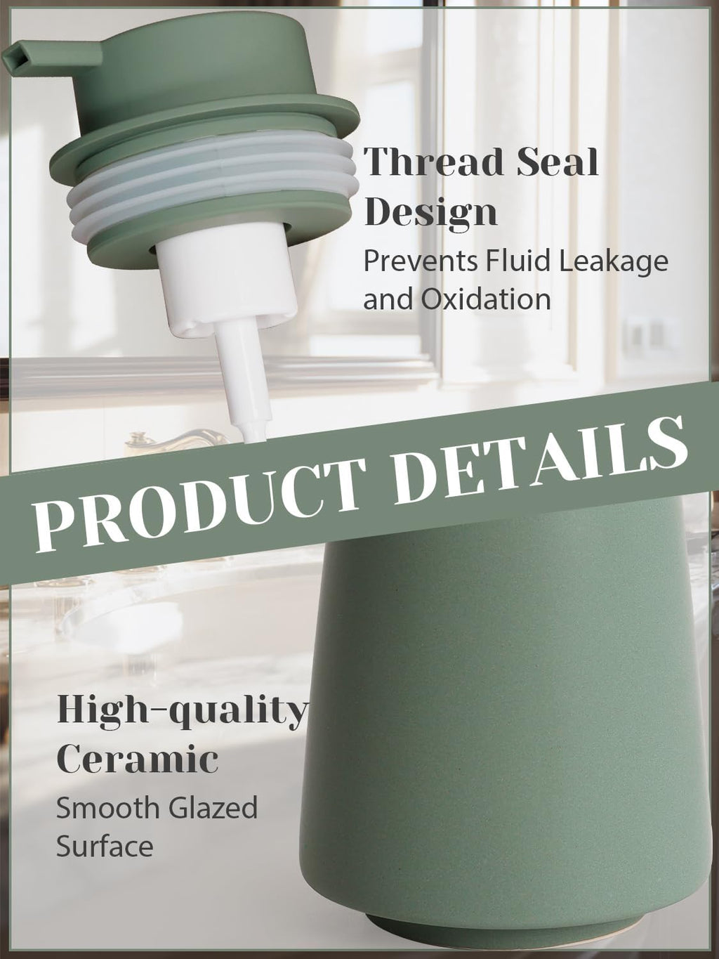 INGOFIN Ceramic Foaming Soap Dispenser -14 oz Foam Hand Soap Dispenser Bathroom Modern Refillable Dish Wash Bottle for Kitchen with Large Pump Matte Green