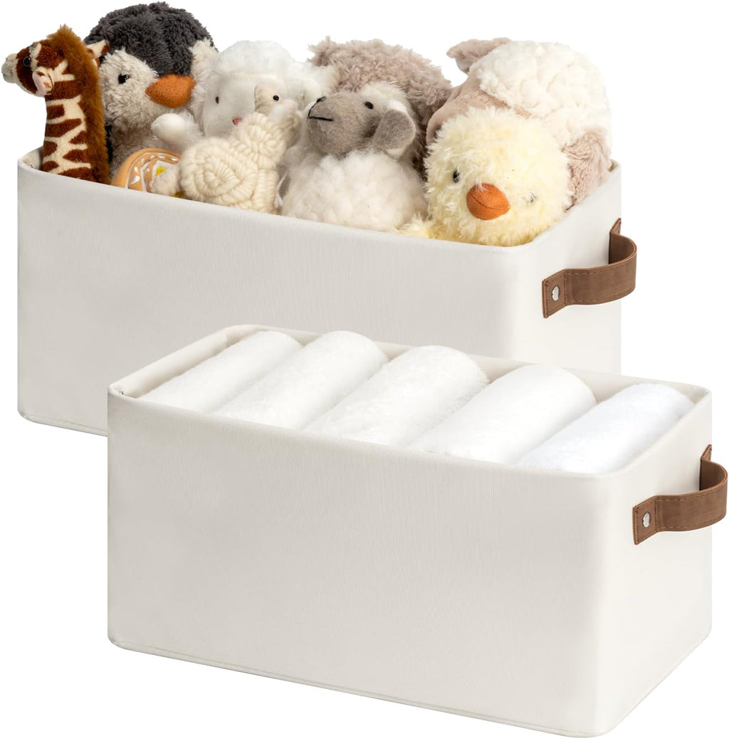 StorageWorks Narrow Storage Bins, Small Basket for Closet and Shelves, Rectangular Fabric Organizer with Handles, Toilet Paper Storage, Beige, 2-Pack