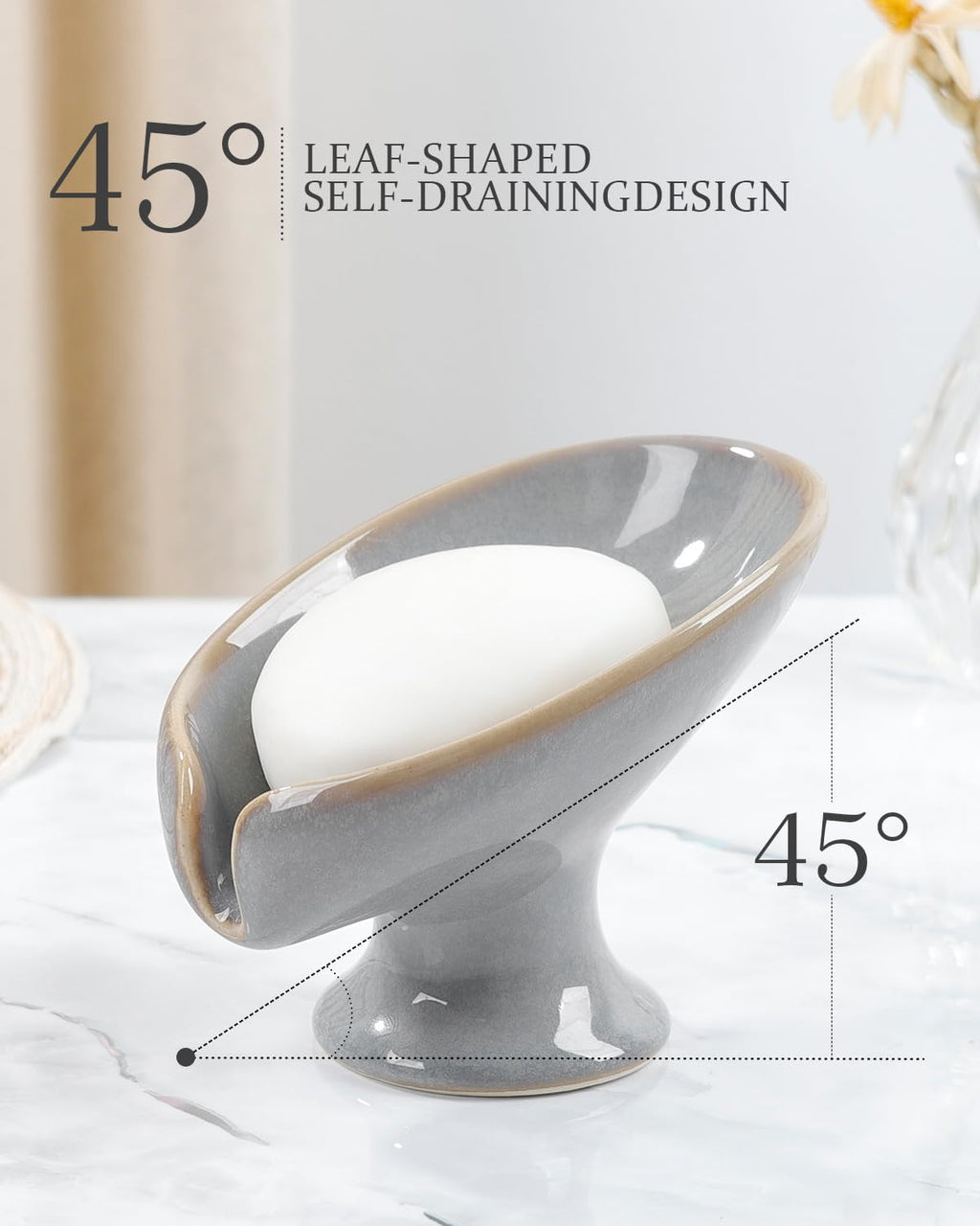 Soap Dish, Self Draining Bar Soap Holder for Bathroom Sink, Leaf Shaped Drainage Ceramic Porcelain Decorative Soap Dish, No Suction Cup, Kiln Stone Gray, ANTIS'S HOME