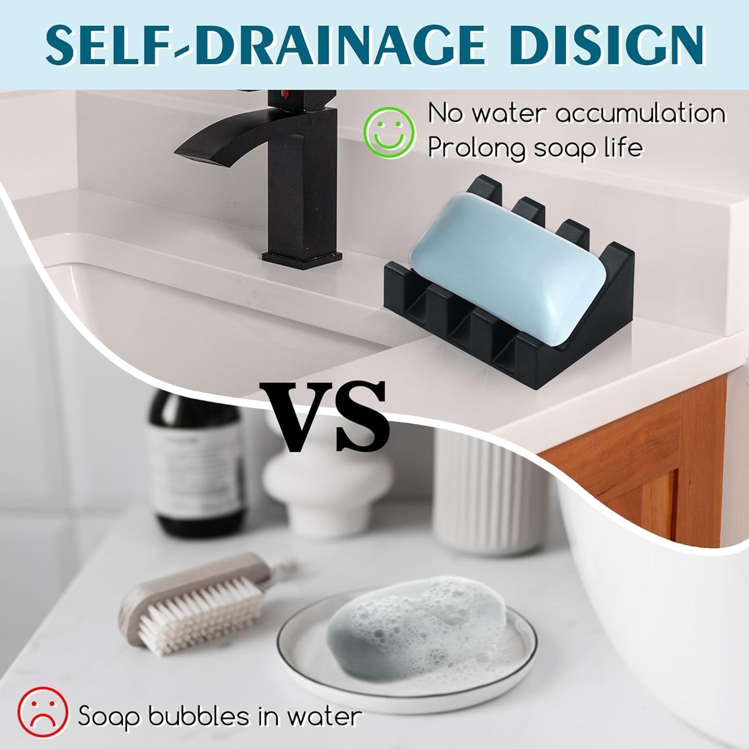 Silicone Soap Dish for Bar Soap Holder for Shower Bathroom Self Draining Waterfall Drying Tray Keep Soap Bars Dry Clean & Easy Cleaning (Black, 1)