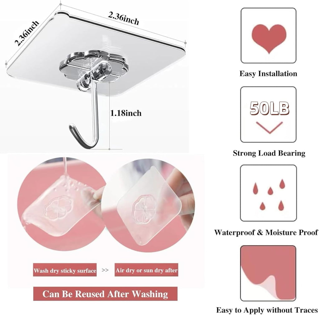 DDMY 36 Pack Heavy Duty Hooks 50lb(Max) Self Adhesive Large Hooks for Hanging,Wall Transparent Reusable Waterproof Hook for Kitchen Curtain Towel Hook for Bathrooms Coat Hook for Walls No Damage