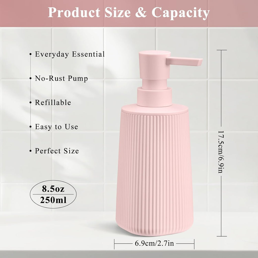 Pink 2 Pack Hand Soap Dispensers with No Rust Pump for Bathroom Kitchen or Vanity Countertops Refillable Striped Matte Plastic 8.5 oz Cute Design for Girls Room Decor