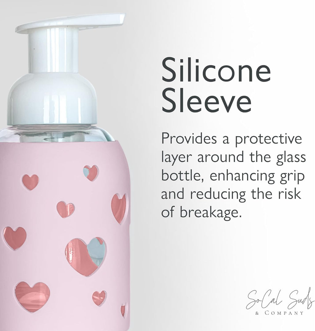SoCal Suds & Company Glass Foaming Hand Soap Dispenser, Heart Silicone Sleeve, Refillable Pump Bottle for Kids, Baby Wash & Shampoo, Ideal for Home Use, Soft Pink 8oz