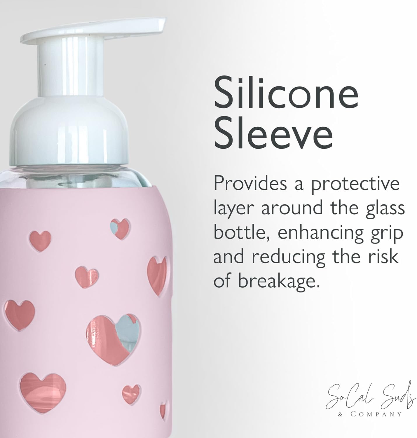 SoCal Suds & Company Glass Foaming Hand Soap Dispenser, Heart Silicone Sleeve, Refillable Pump Bottle for Kids, Baby Wash & Shampoo, Ideal for Home Use, Soft Pink 8oz