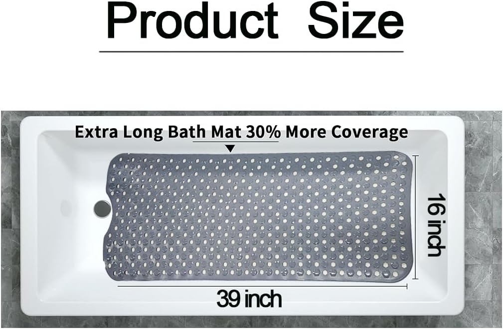 Bath Tub Mat Non Slip, 39 x 16 Inch Long Shower Mat, Machine Washable Bathmat with Drain Holes (Gray)