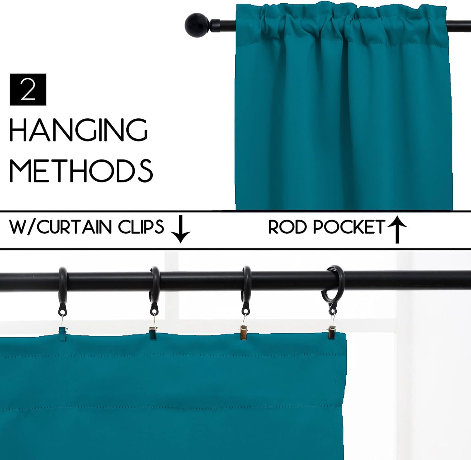 Pickluc Rod Pocket Tier Curtain - Half Blackout Curtain for Kitchen, Bathroom, Cabinet, Basement, 42 Inches Wide and 24 Inches Long, Teal, 2 Panels