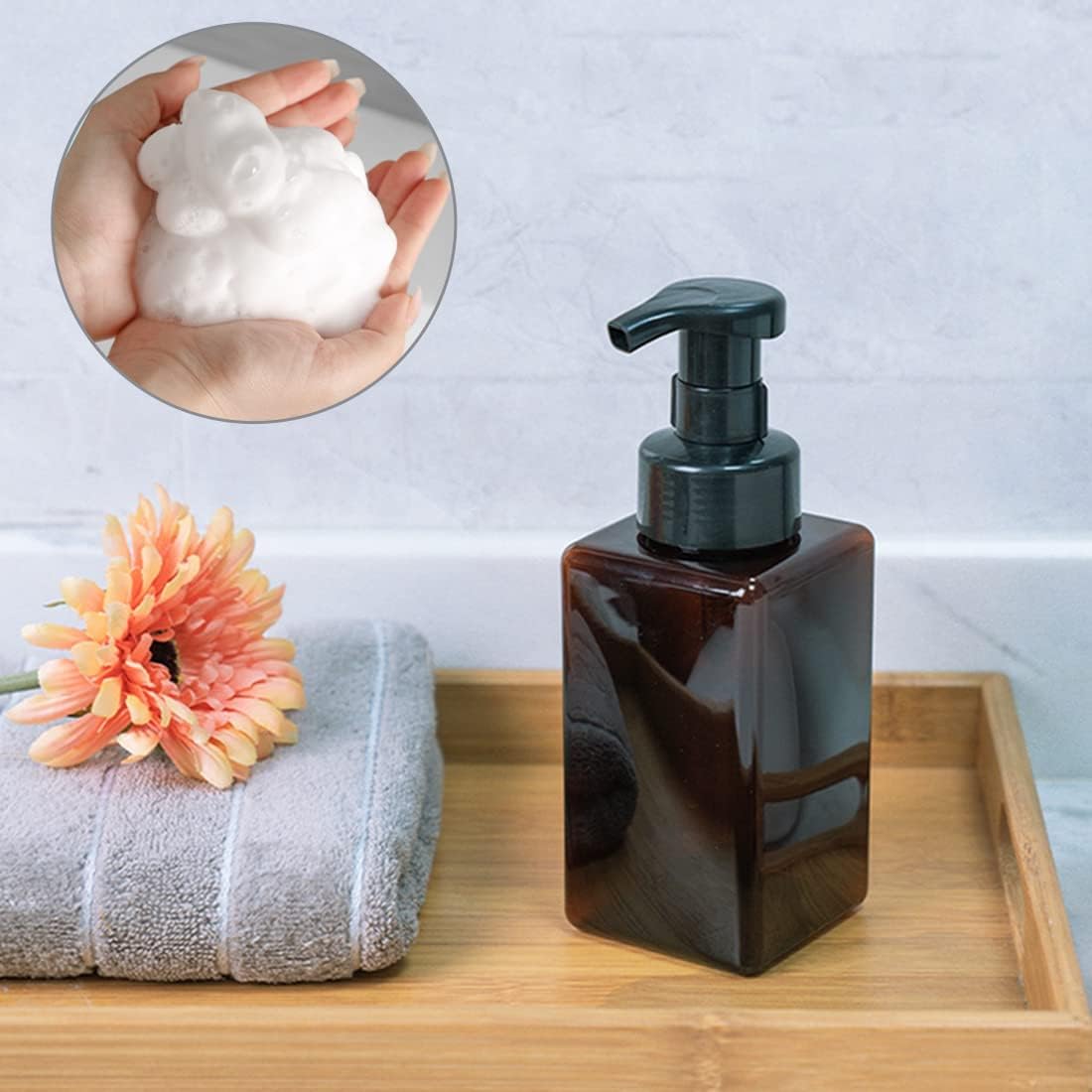 Foaming Soap Dispenser, 450ml(16oz) Refillable Modern Square Pump Bottle for Shampoo, Body Wash, Liquid Soap, PETG Plastic Empty Soap Dispenser for Kitchen, Bathroom, Hospital. 2 Pcs (Brown)