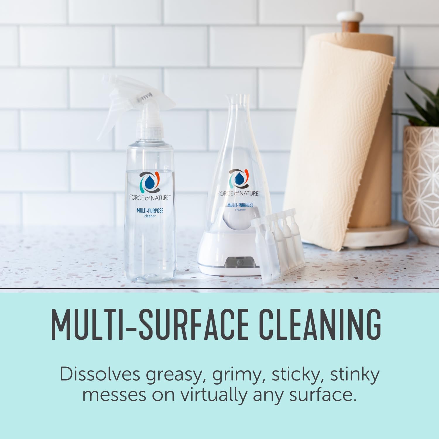 Force of Nature Multi-Purpose Cleaner, Disinfectant & Deodorizer Starter Kit - All Purpose Cleaning Spray with Reusable Bottle, 5 Refills - EPA Registered, Toxin-Free Cleaning Supplies