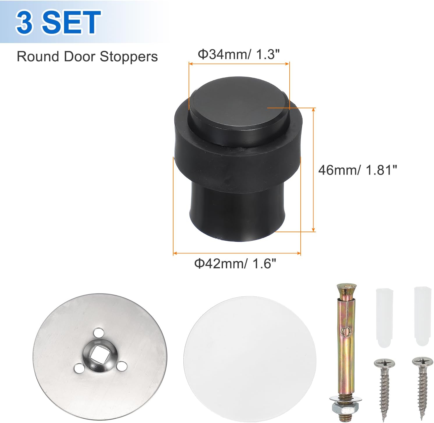 PATIKIL 3Set Round Door Stoppers, 46mm Stainless Steel Door Stop Doorstop Wedge Metal Cylinder Self Adhesive with Screw for Bottom of Door Floor Inside, Black