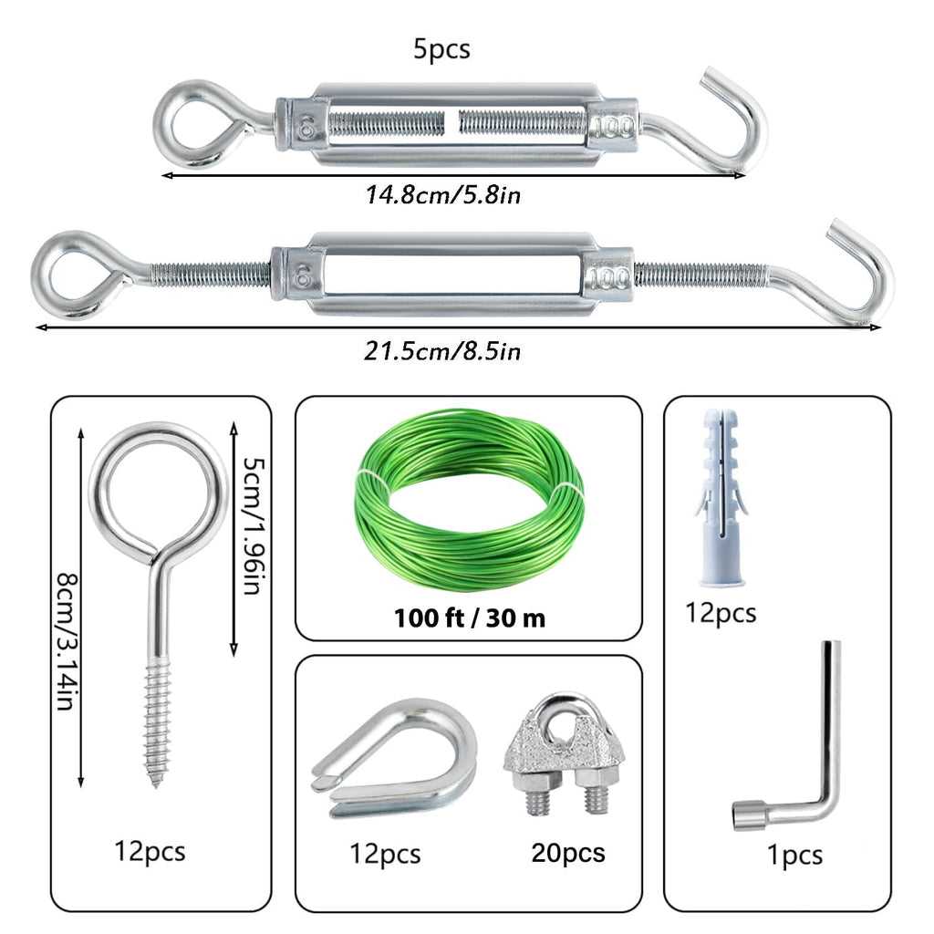 100 Ft Turnbuckles for Cables Wire, 3/16" Green PVC Coated Wire Rope Kit, Multi-use Steel Cable for Grape Vines/Clothes Line Outdoors for T Post/String Light Hanging/Garden Wire
