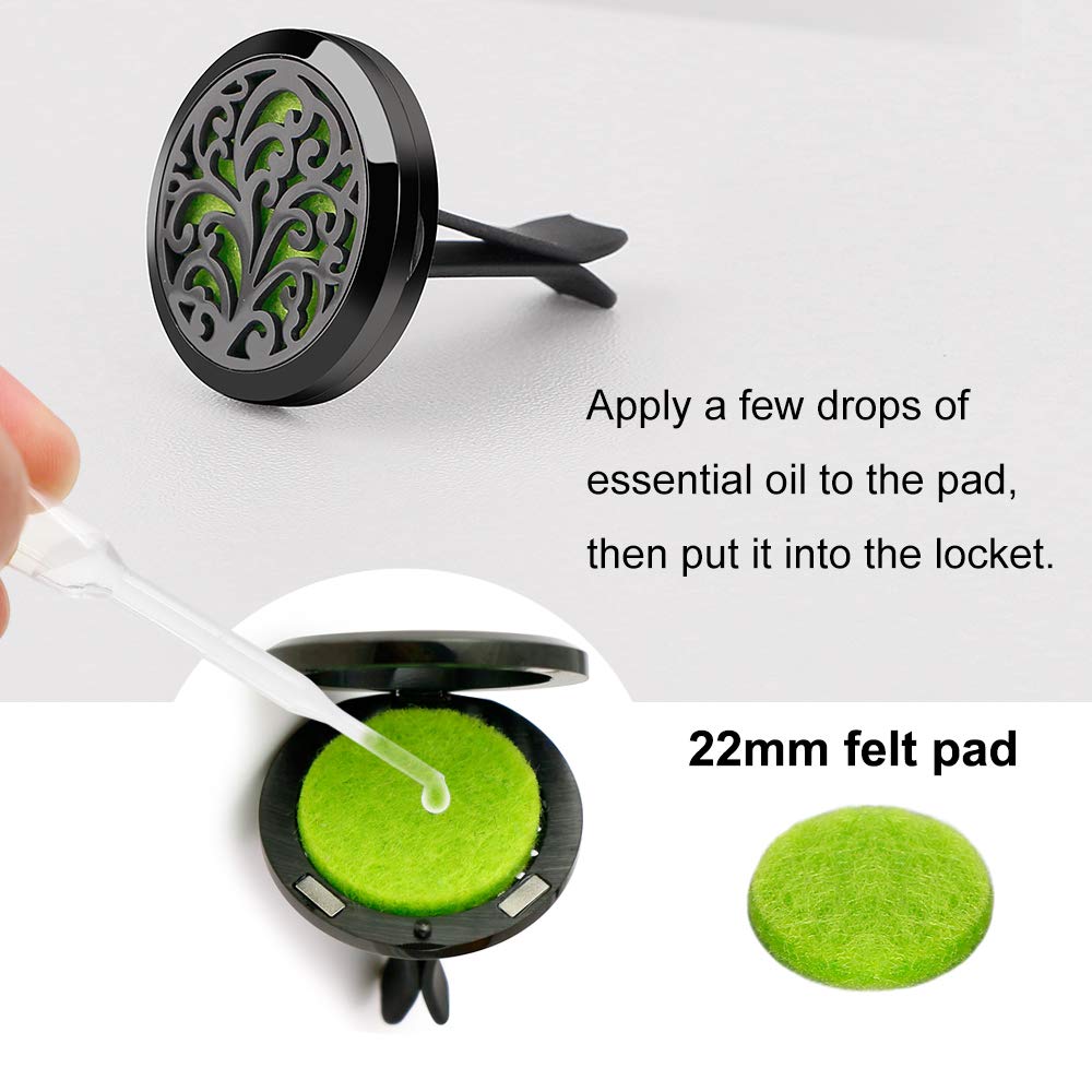 2PCS 30mm Car Aromatherapy Essential Oil Diffuser Stainless Steel Black Locket with Vent Clip 12 Felt Pads