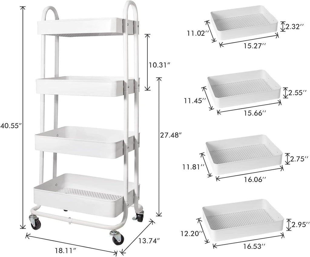 elabo 4-Tier Metal Mesh Utility Rolling Cart, Storage Organizer Trolley Services Cart with Lockable Wheels for Kitchen, Bathroom, Living Room (White)