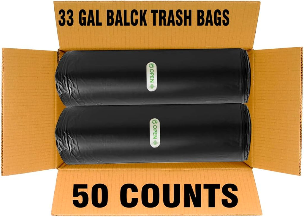 33 Gallon Trash Bags, 50 Count, Black Garbage bags, Multi-purpose Trash Can Bin Liners for Home Commercial, Outdoor, Construction, Industrial, Janitorial, Municipal, Lawn, Leaf