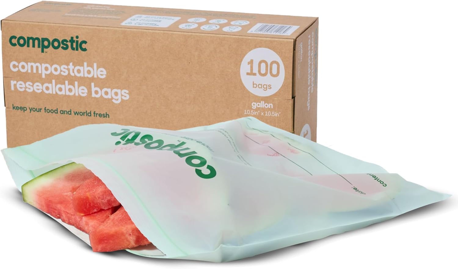 Compostic Home Compostable Resealable Gallon Bags (10.5"x10.5"), Microwave & Freezer Safe, Organic Food Storage Container, 100 Count (Pack of 1)