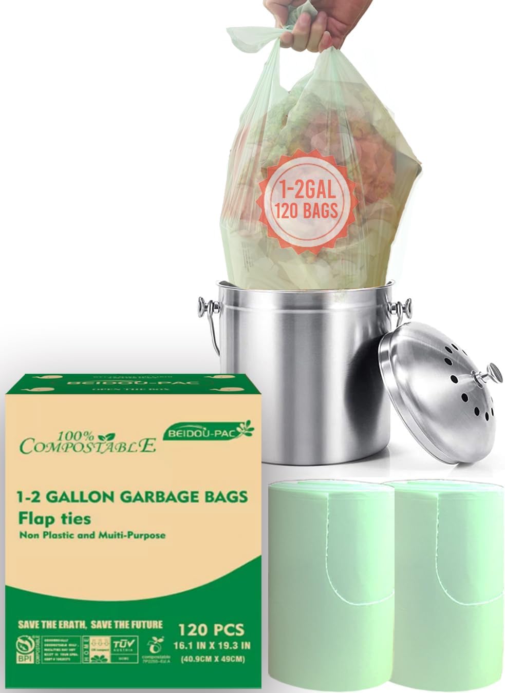 1-2 Gallon Flap Tie Compostable Trash Bags, 120 Count Small Compost Bags, Biodegradable Kitchen Garbage Bags, Food Scrap Waste Bags for Countertop Bin, ASTM D6400, US BPI Certified