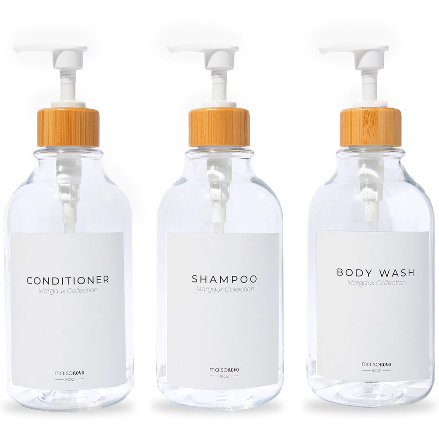 MaisoNovo Refillable Shampoo and Conditioner Bottles | 16.9 fl oz Set of 3 Clear Plastic Bottles White Bamboo Pumps