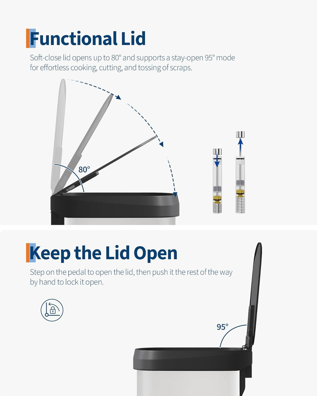 16 Gallon (60 l) Trash Can, Stainless Steel Kitchen Garbage Can, Recycling or Waste Bin with Liner Rim, Rear Handle, Soft Close Plastic Lid Step-on Pedal, Removable Inner Bucket