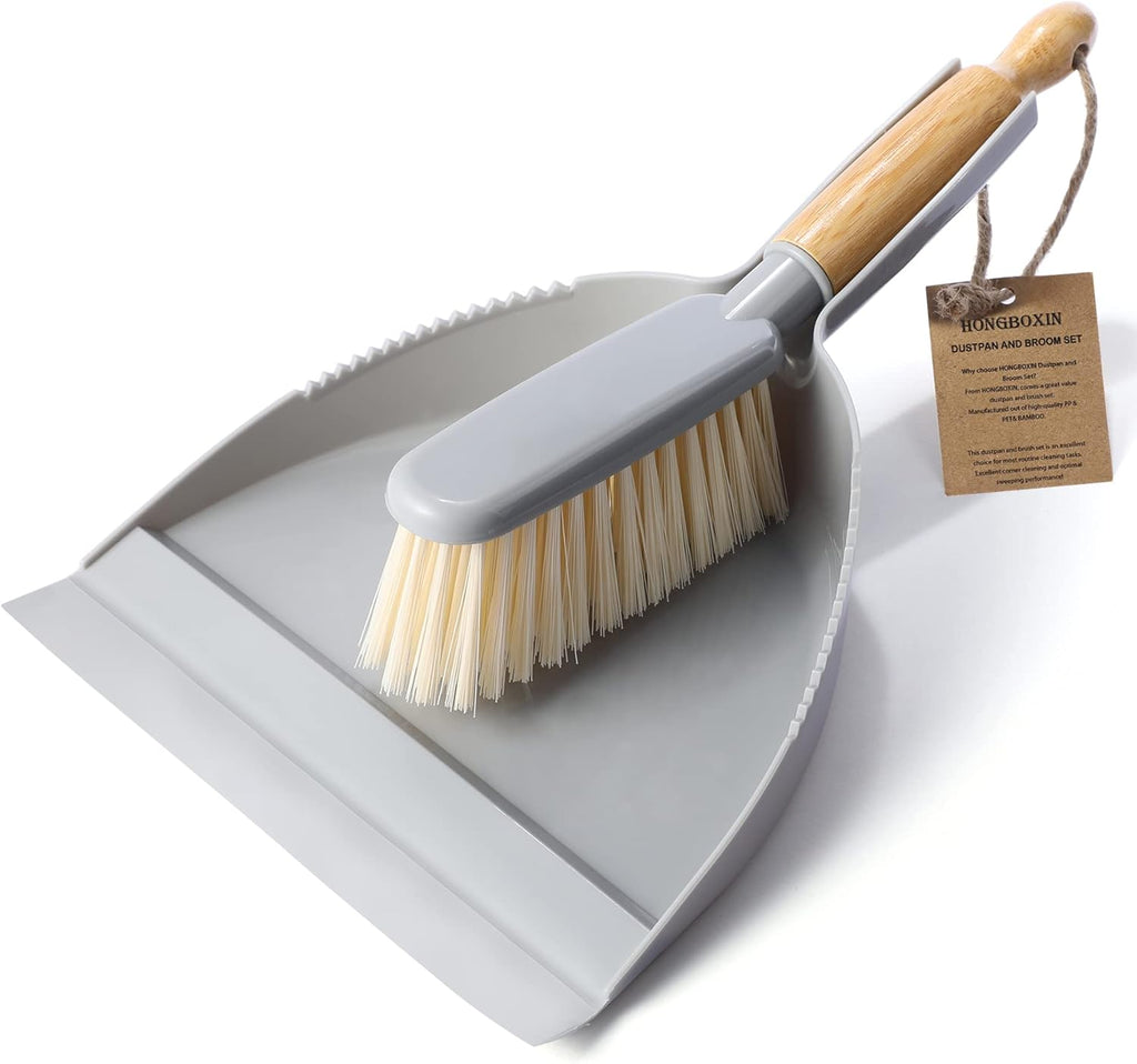 Small Dustpan and Brush Set - Mini Broom with Dustpan Set, Handheld Broom and Dust Pan Combo Set for Home, Pet Care, Car, 14 x 8.7 inch, Grey