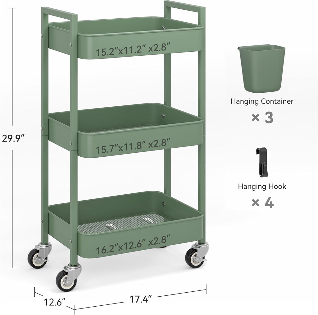 3 Tier Rolling Cart,Utility Cart with Locking Wheels, Hanging Cups,&Hooks, Heavy Duty Metal Storage Organizer Cart for Kitchen,Office, Bathroom,Craft Room,Green