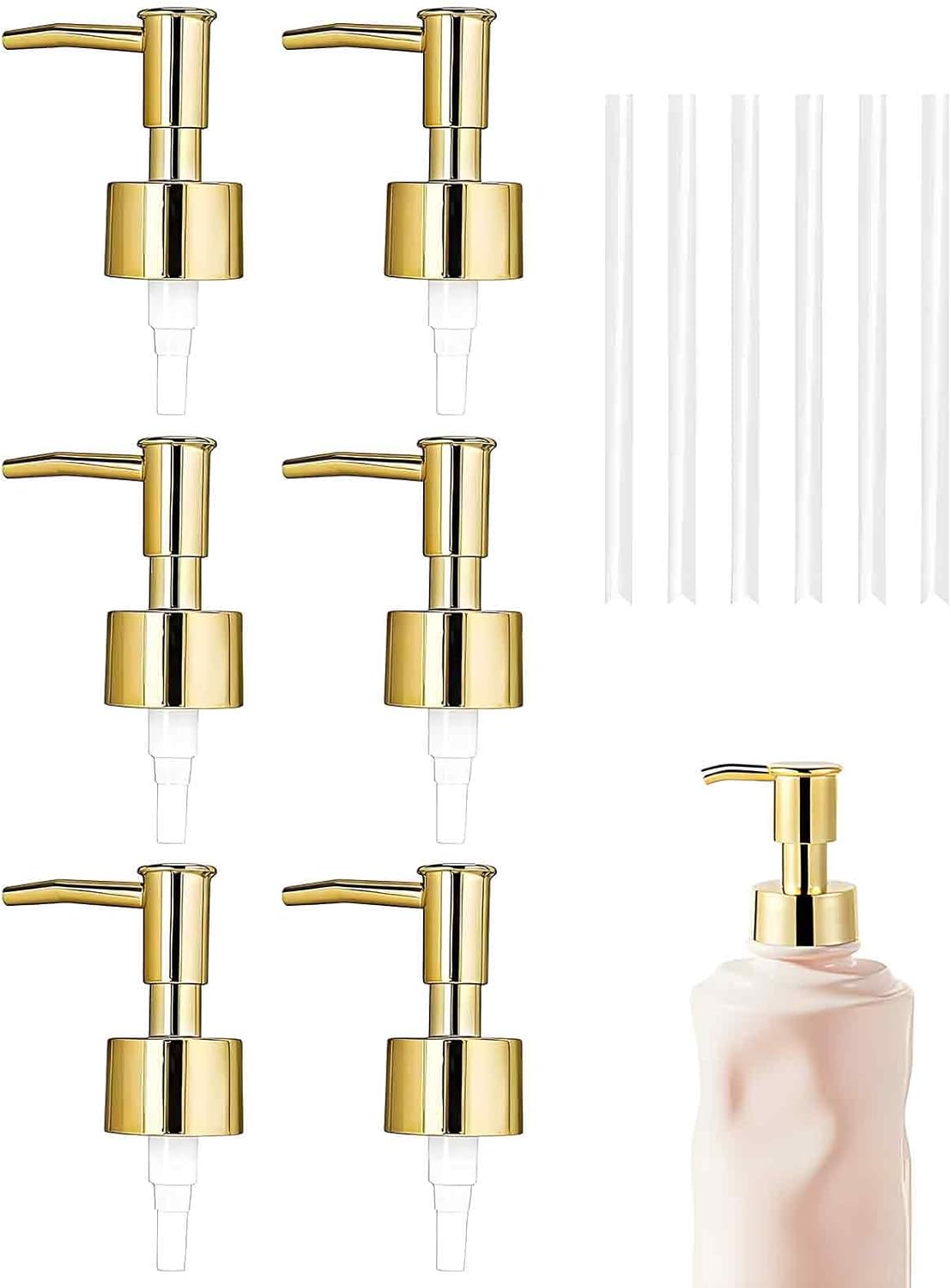 6 Pack Gold Soap Dispenser Pump, Top Replacement for Lotion & Regular Glass Bottles (Standard Diameter 28/400 Neck Size)
