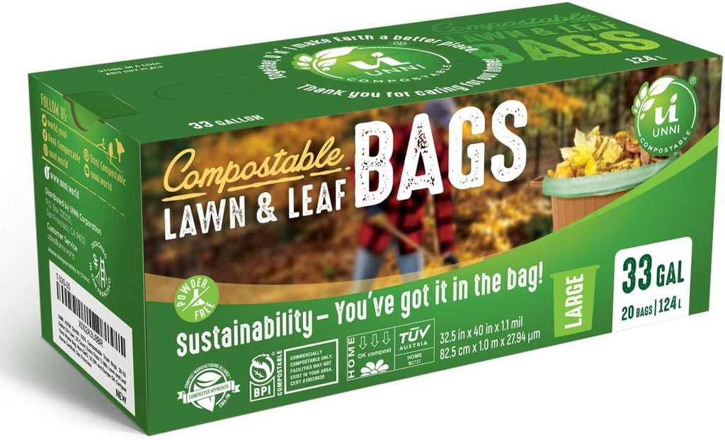 UNNI Compostable Lawn & Leaf Bags, 30-33 Gallon / 124 Liter, 20 Count, Extra Thick 1.1 mil Yard Waste & Food Scrap Liners, Certified by BPI, CMA & OK compost HOME, Meets the ASTM D6400 Standard