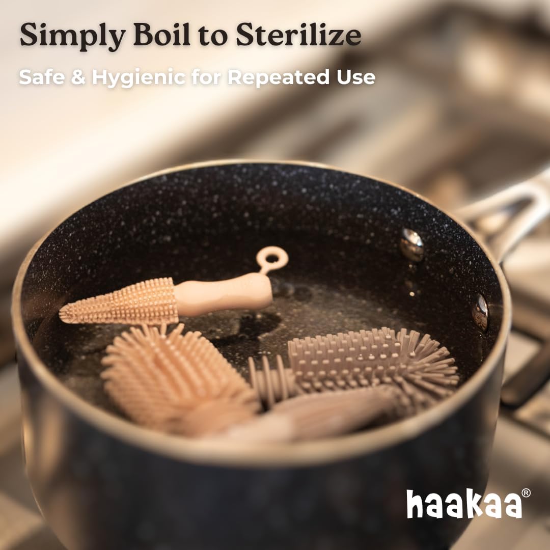 Haakaa Silicone Cleaning Brush Kit – Household Cleaning Brushes for Bottles and Crevices – Food-Grade Silicone: Dishwasher Safe (Kit-Grey)