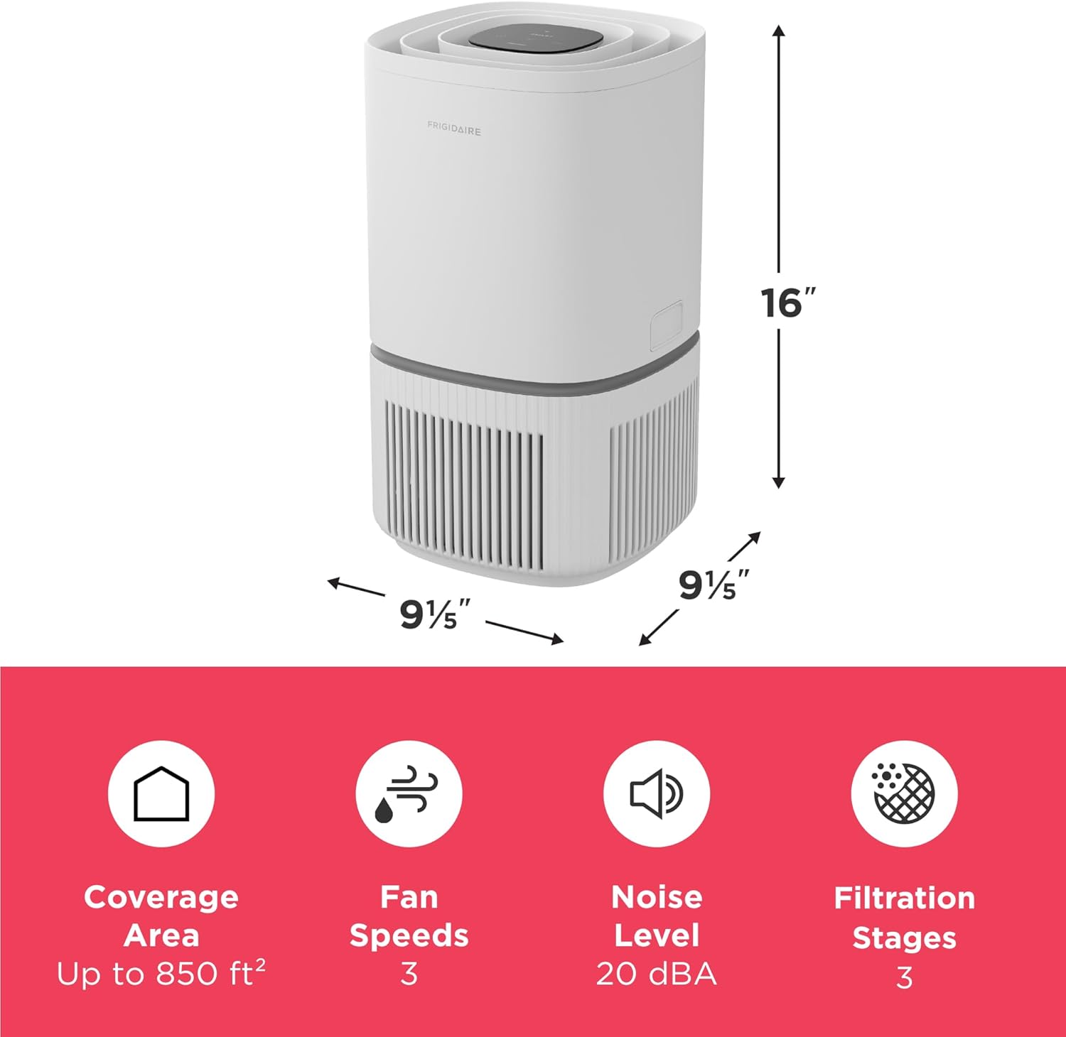 Frigidaire PureA300 HEPA Air Purifier for Small Bedrooms, Covers up to 850 Sq. Ft., 3-Stage Filtration, Energy Star Certification, Air Quality Monitoring, Smart Mode, Ultra Quiet, White