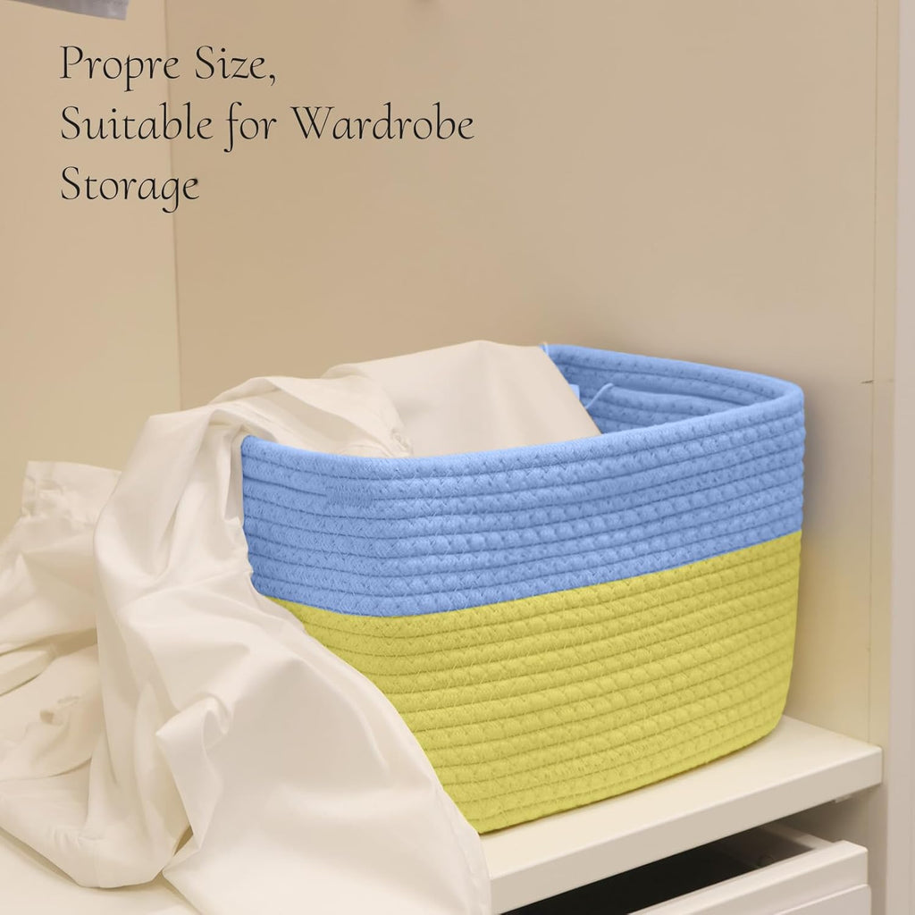 Hopegiver Woven Storage Baskets 11x8x7 Inch, 3 Pack Collapsible Cube Storage Bin for Shelves - Foldable Cotton Rope Organizer Bins for Towels, Toys, Books, Closet, Nursery (Blue Yellow)