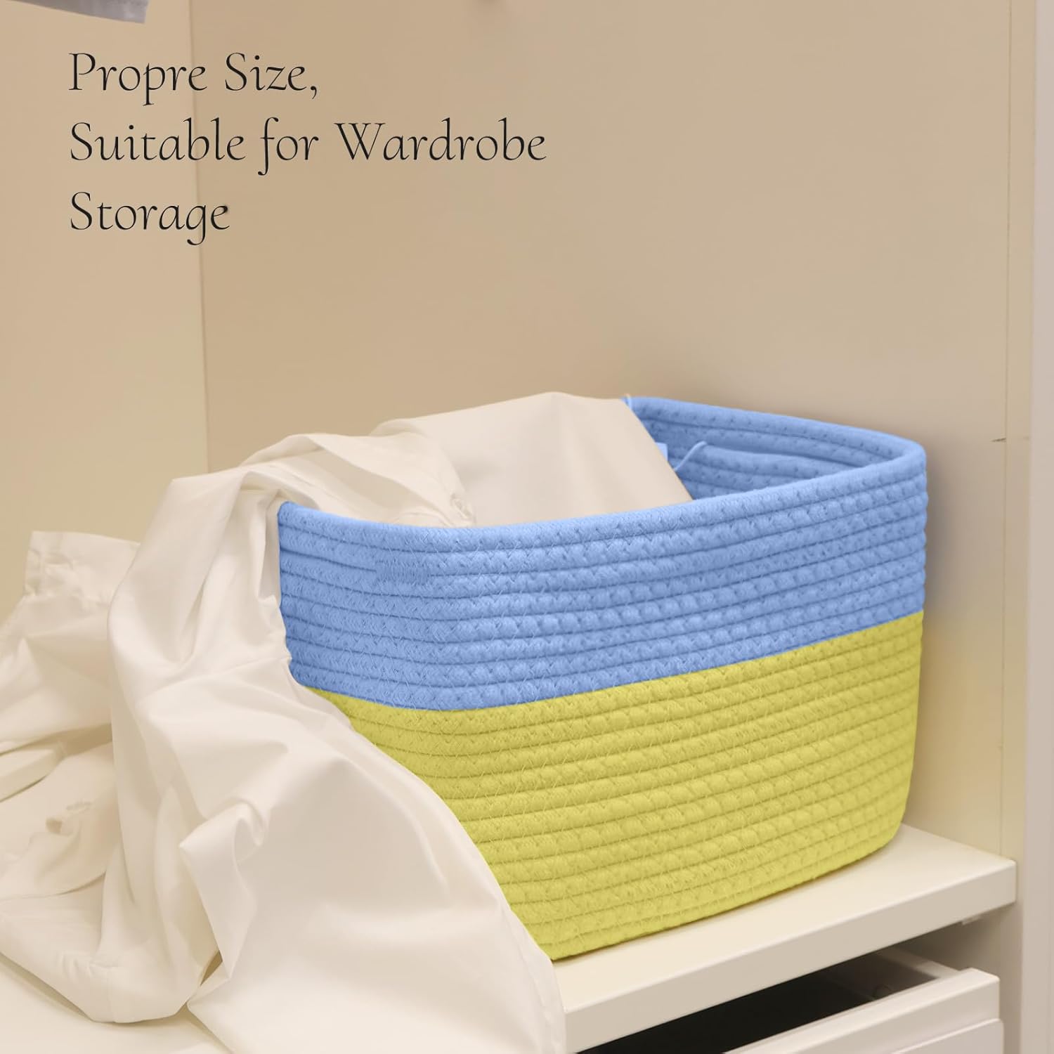 Hopegiver Woven Storage Baskets 11x8x7 Inch, 3 Pack Collapsible Cube Storage Bin for Shelves - Foldable Cotton Rope Organizer Bins for Towels, Toys, Books, Closet, Nursery (Blue Yellow)