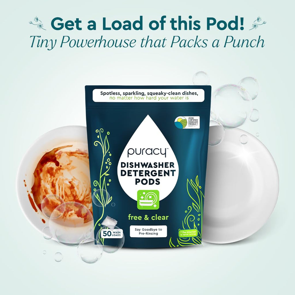 Puracy Dishwasher Pods, Natural Dishwasher Detergent, Free & Clear Dish tabs - Enzyme-Powered, Spot & Residue Free - TikTok Trend Items, Must Haves from TikTok Made Me Buy It (Free & Clear, 50 Count)