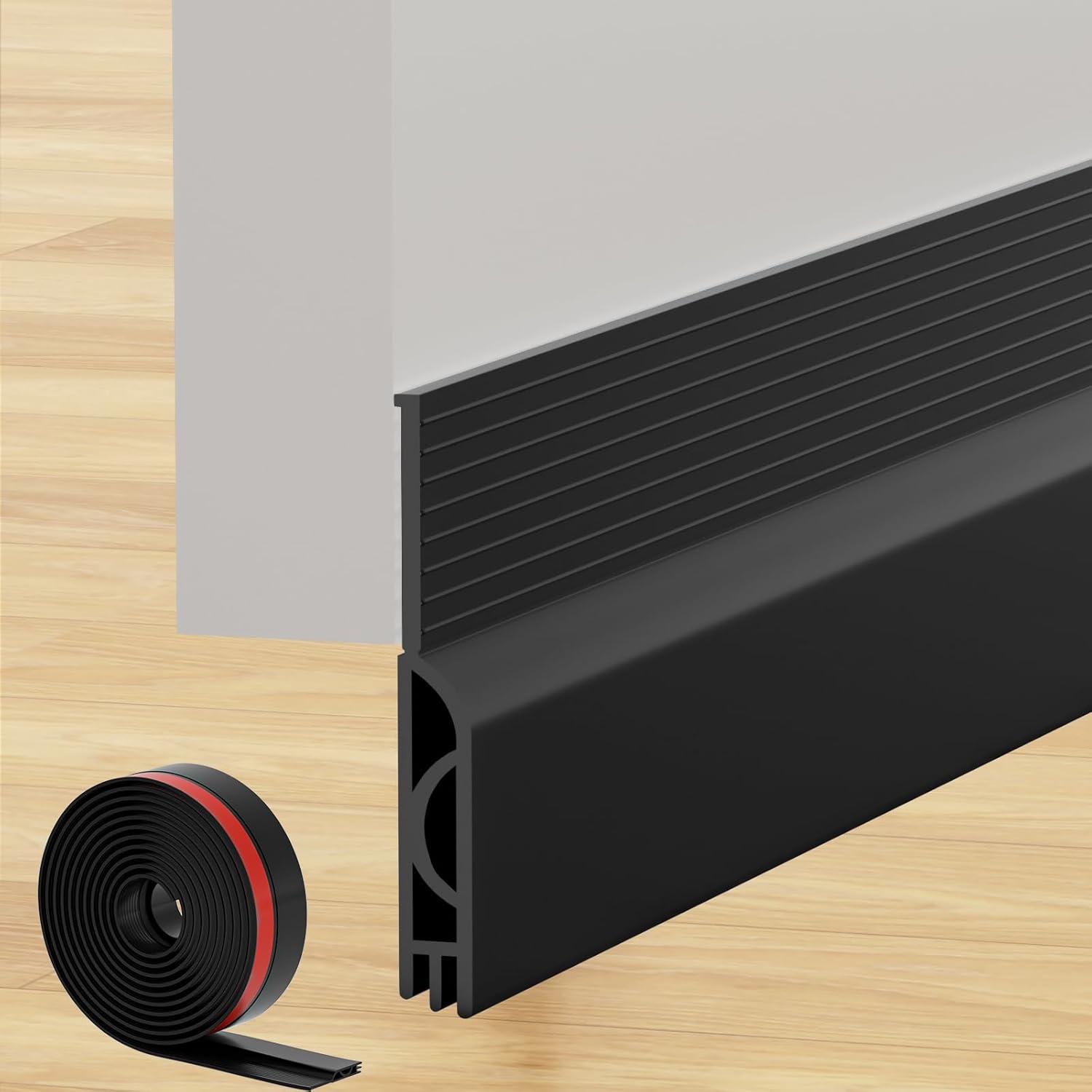 Under Door Draft Stopper, Self-Adhesive Door Sweep for Bottom of Door, Weather Stripping Doors Seal Soundproofing Insulation Strip, Doors Bottom Gap Blocker for Exterior/Interior (1M, Black)