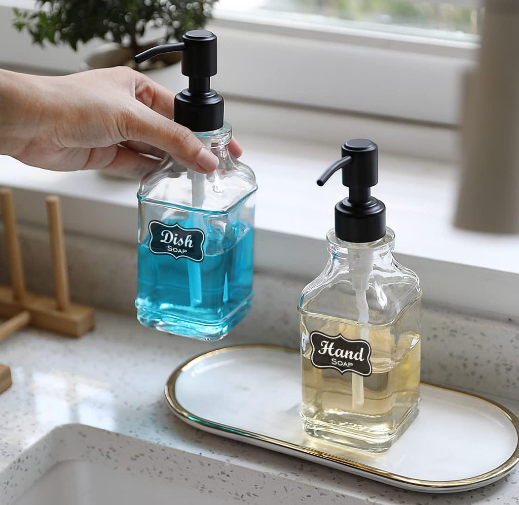 JASAI 2Pack Soap Dispenser with Rustproof Black Stain 304 Stainless Steel Pump, Stylish Hand soap Dispenser with 10Pcs Stickers, Refillable Glass Soap Dispenser for Kitchen & Bathroom.