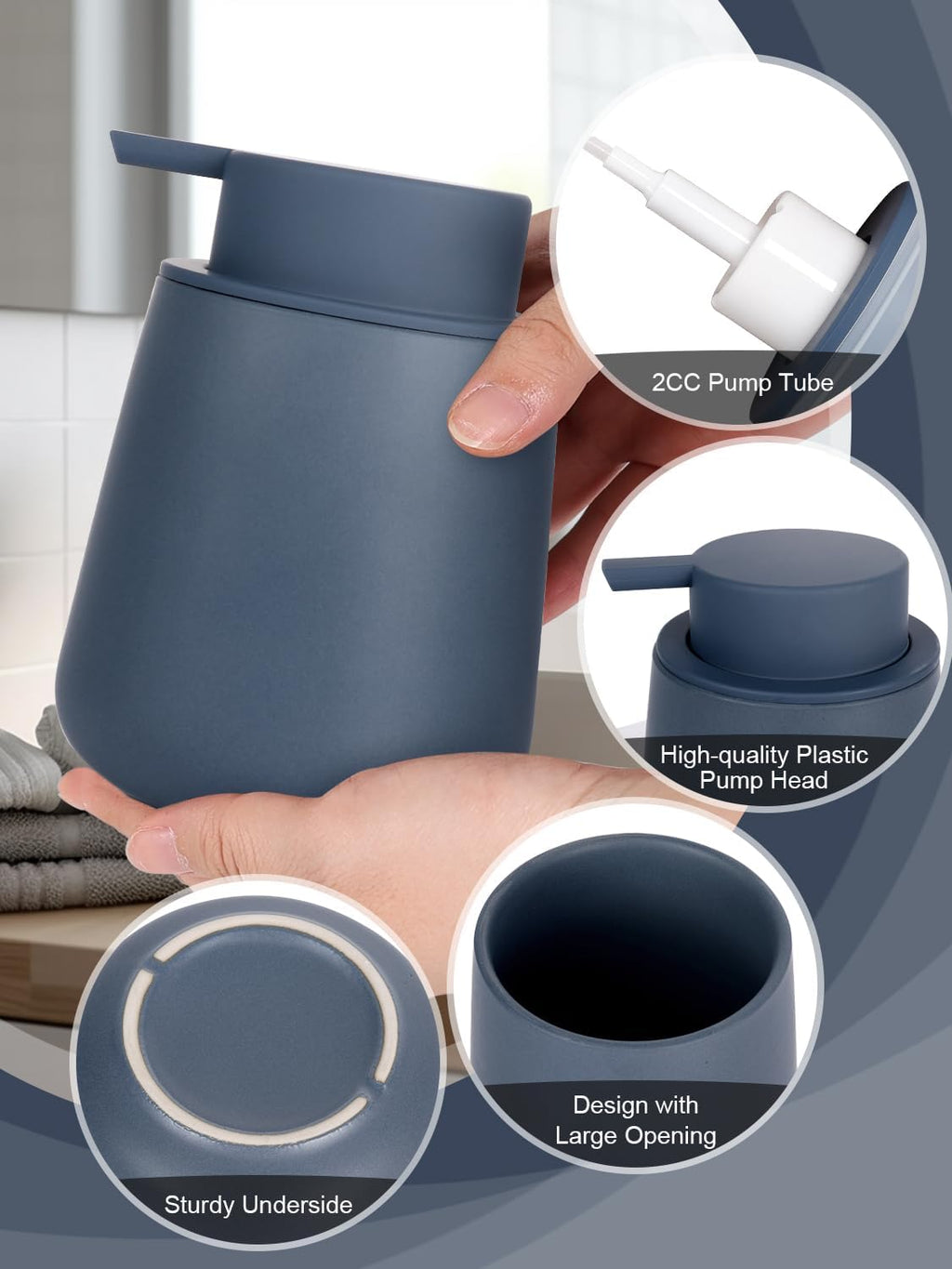 INGOFIN Ceramic Foaming Soap Dispenser - 12 oz Foam Hand Soap Dispenser Bathroom, Ceramic Dish Soap Modern Dispenser with Pump for Kitchen, Matte Blue