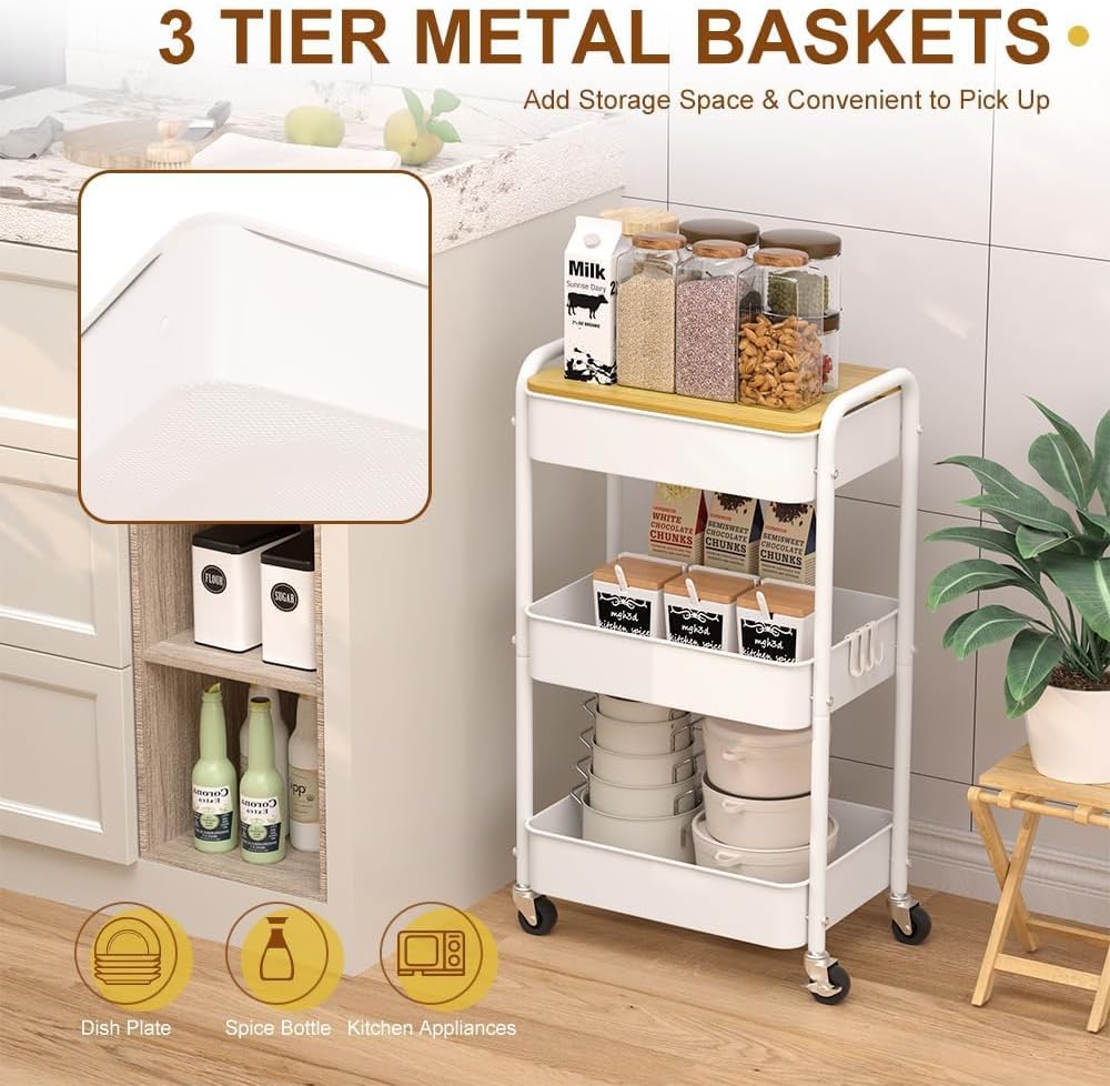 3 Tier Metal Utility Cart, Rolling Storage Cart with Wooden Tabletop, Metal Organizer Cart with Lockable Wheels for Office, Bedroom, Kitchen and Living Room (White)