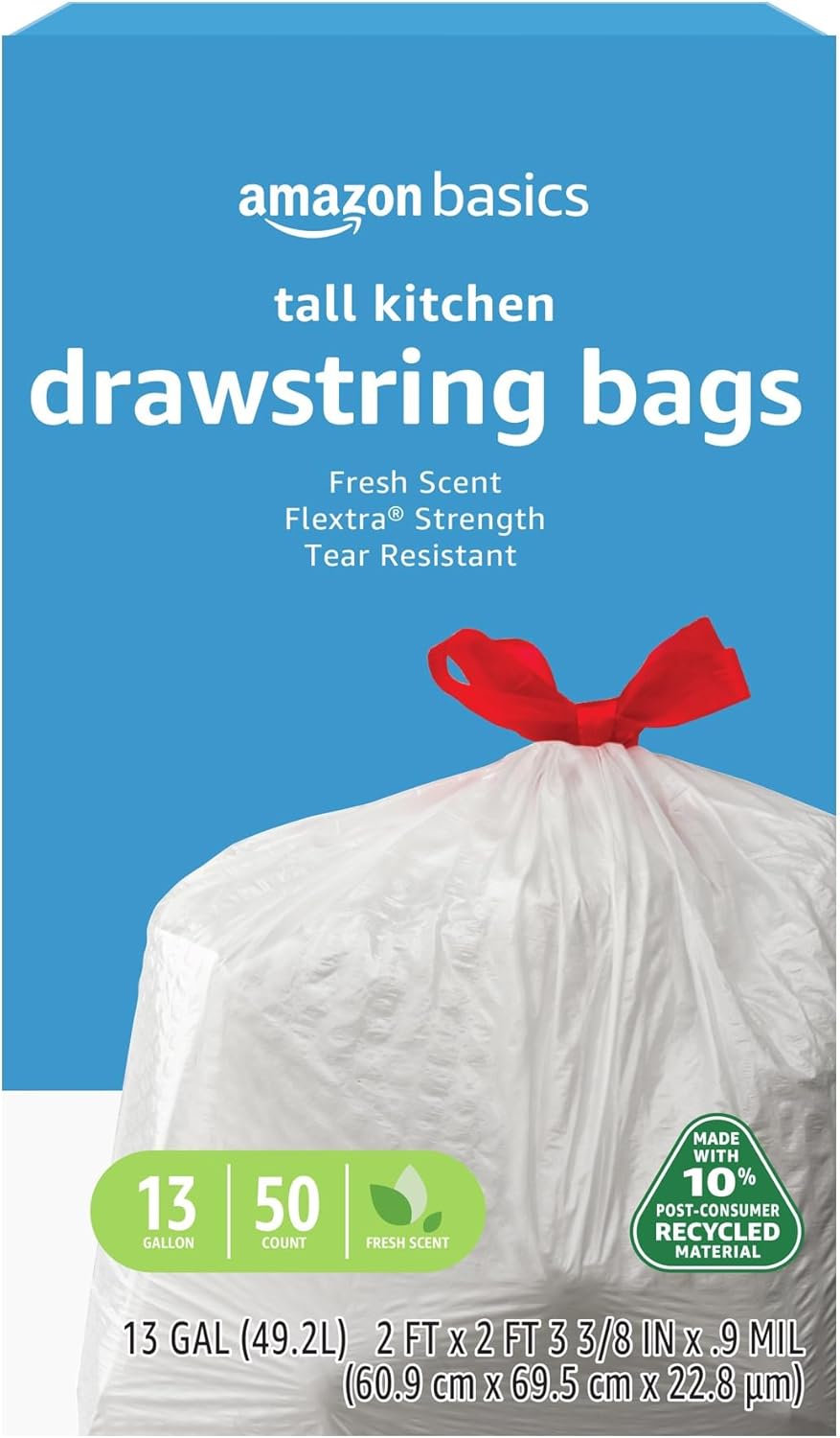 Amazon Basics 13 Gallon Flextra Strength Tall Kitchen Drawstring Trash Bags, Tear Resistant, Clean Fresh Scent, 10% Recycled Content, 50 Count
