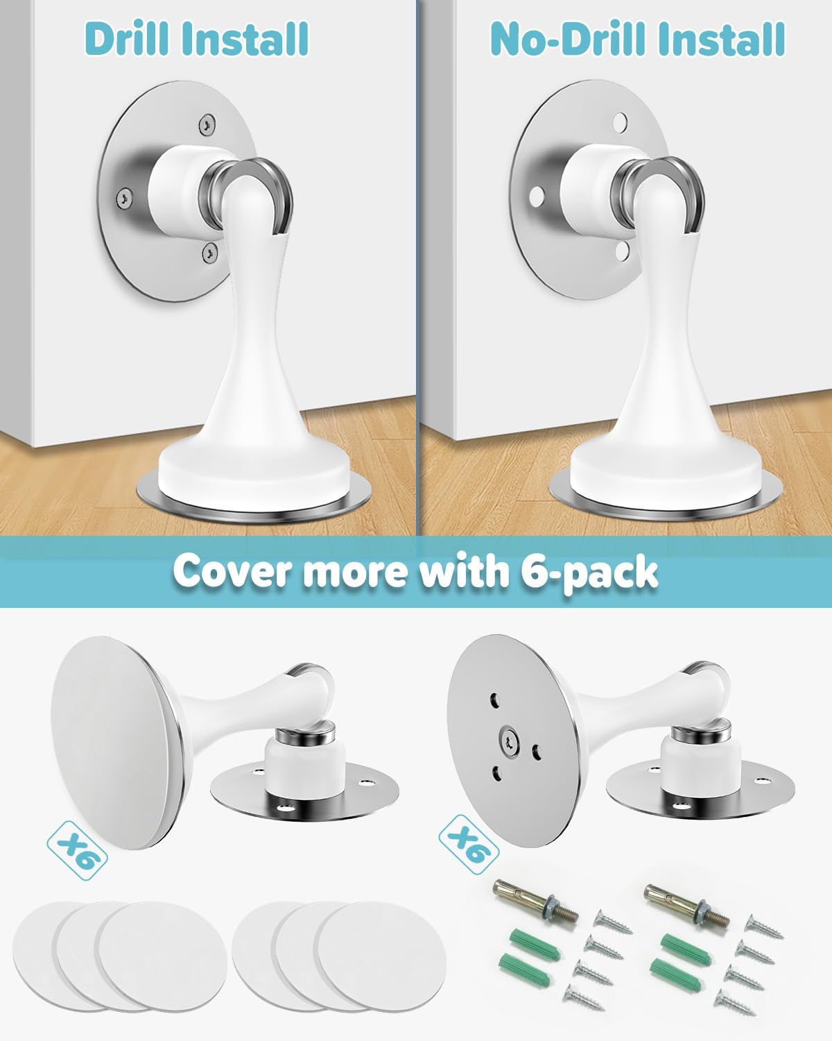 Door Stoppers Magnetic Door Catch - 6 Pack Stainless Steel Heavy Duty Door Stops for Bottom of Door, Wall & Floor Mounting No-Drill Strong Adhesive & Screws, Strong Door Holder to Keep Door Open,White