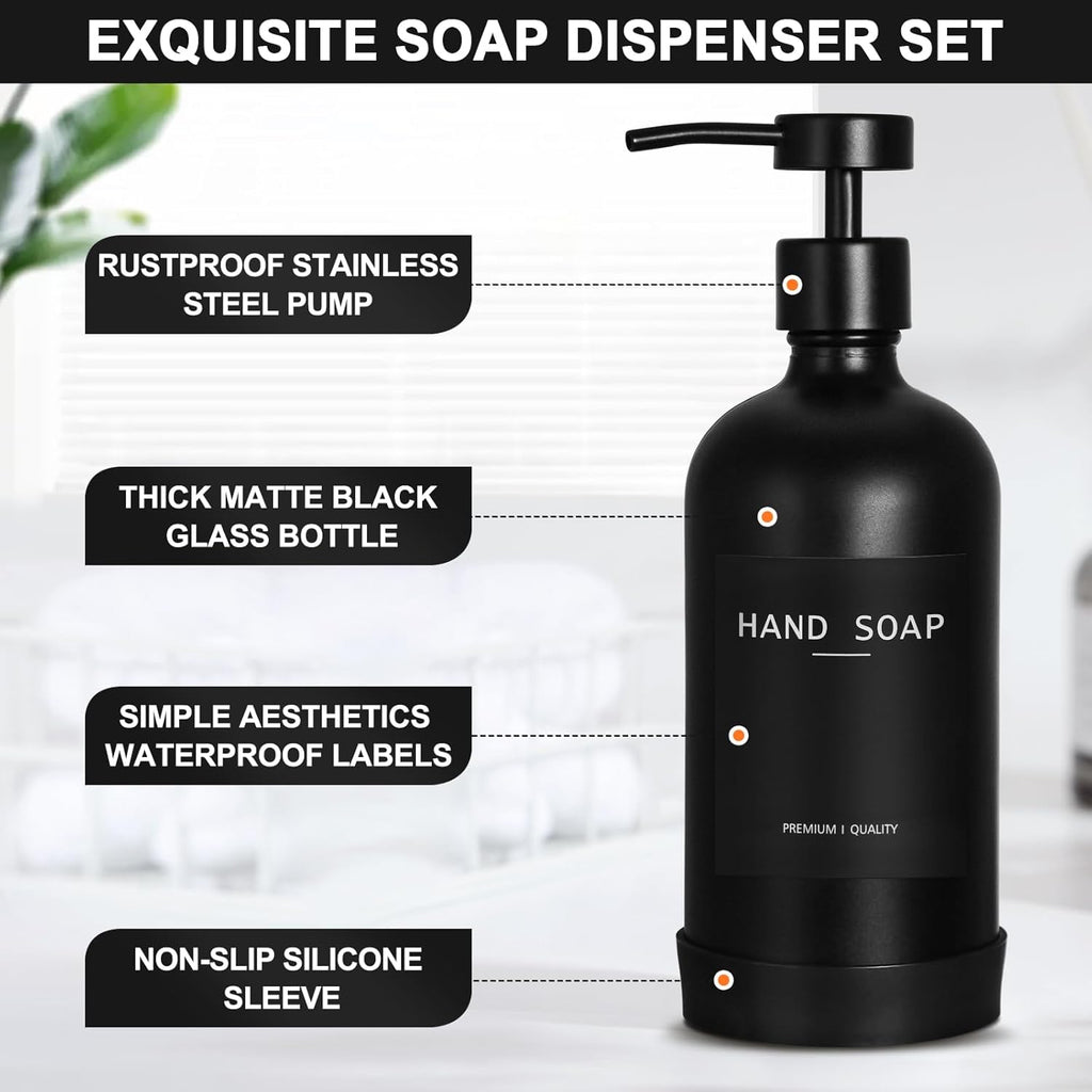 Black Glass Soap Dispenser with Stainless Steel Pump, 16.9 Fl oz Soap Dispenser Set for Kitchen, Matte Black Hand Dish Soap Dispensers for Kitchen and Bathroom, Lotion Dispenser Bathroom Decor