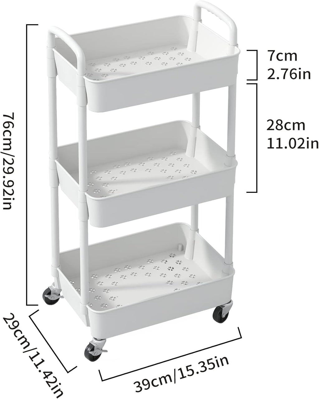 Sywhitta 3-Tier Plastic Rolling Utility Cart with Handle, Multi-Functional Storage Trolley for Office, Living Room, Kitchen, Movable Storage Organizer with Wheels, White