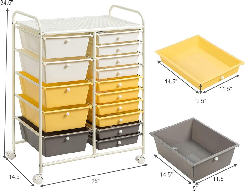 GOFLAME 15-Drawer Rolling Storage Cart, Multipurpose Movable Organizer, Utility Cart for Home, Office, School, Yellow