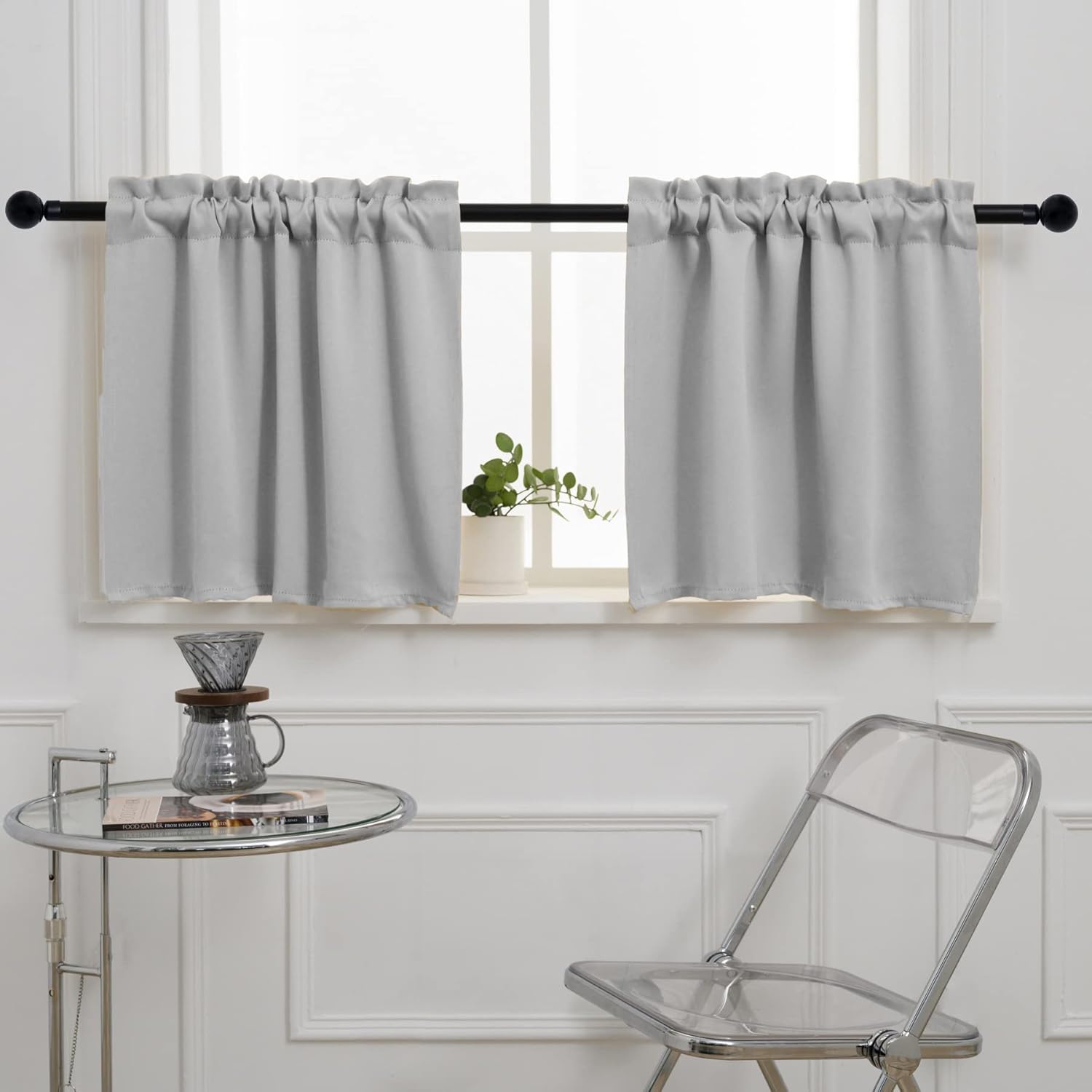 Pickluc Light Grey Cafe Curtain - 30 Inch Length, Half Window, Rod Pocket, Short Blackout, 30" Wide x 30" Long, 2 Panels