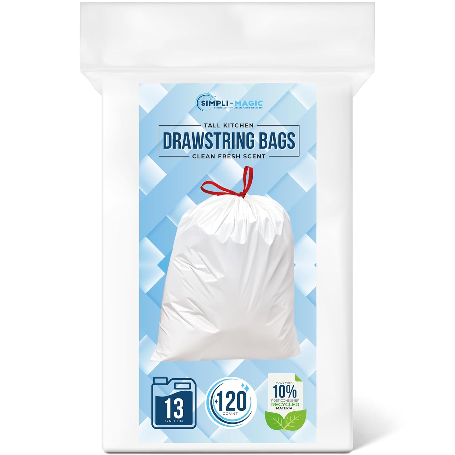 SIMPLI-MAGIC 13 Gallon Drawstring Trash Bags, 120 Pack – Tall Kitchen Garbage Bags, Custom Made with Premium Materials (White)