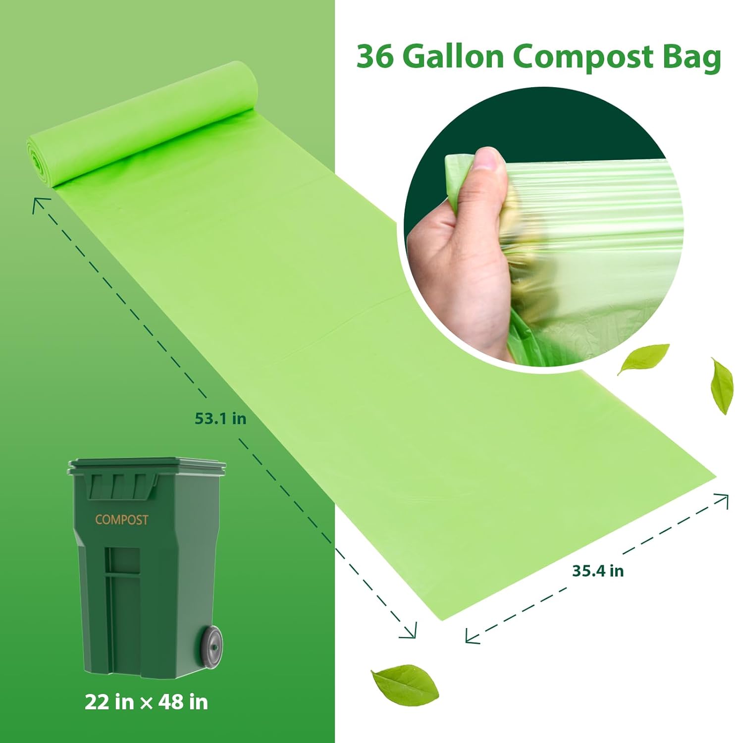GreFusion Compostable 36 gallon Trash Bags, Extra Thick 1.28 Mills, Compost 36 Gal Trash Bags (Kitchen Tall Garbage Bags), Compostable Lawn & Leaf Yard Waste bags,ASTM D6400,Bpi Certified
