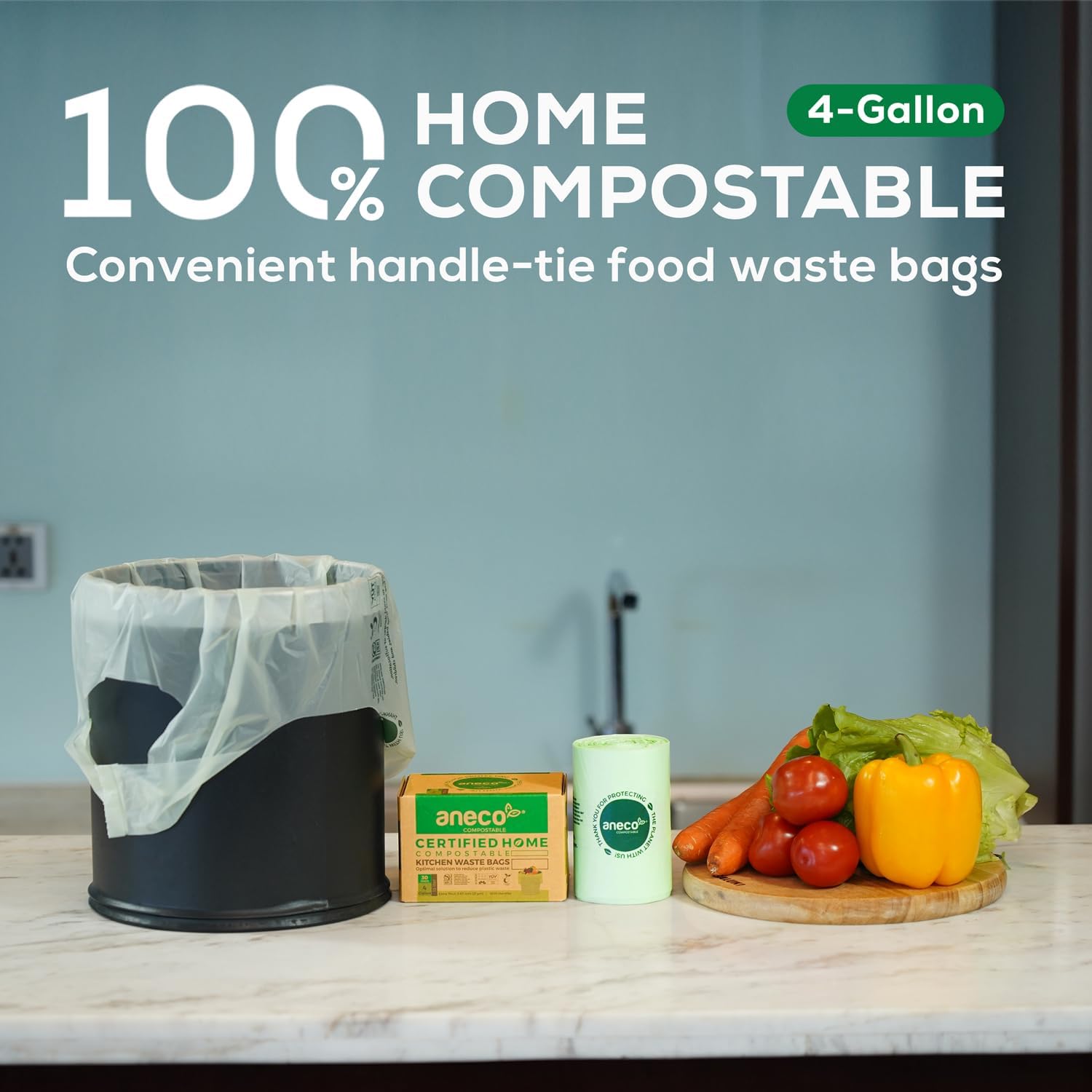 ANECO 4 Gallon Compostable Food Waste Bags with Handles, Extra Thick Compost Bags for Medium Kitchen Garbage/Bathroom Bin, OK Compost HOME & BPI Certified Compostable Bags