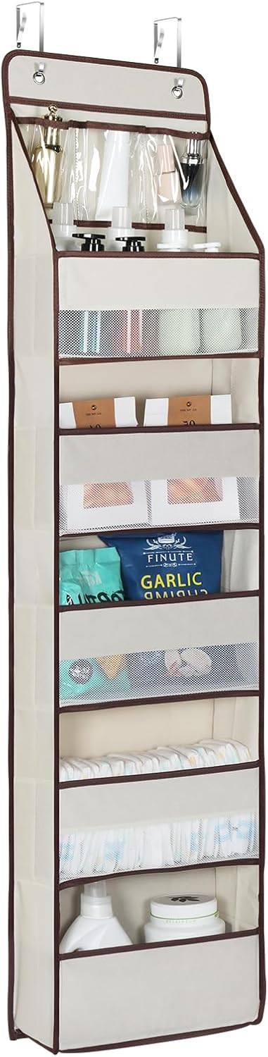 Univivi 6-Shelf Over Door Hanging Organizer Fabric Baby Door Storage with 5 Large Pockets and 3 Small PVC Pockets Wall Mount Hanging Storage Organizers for Baby Essential (Beige)