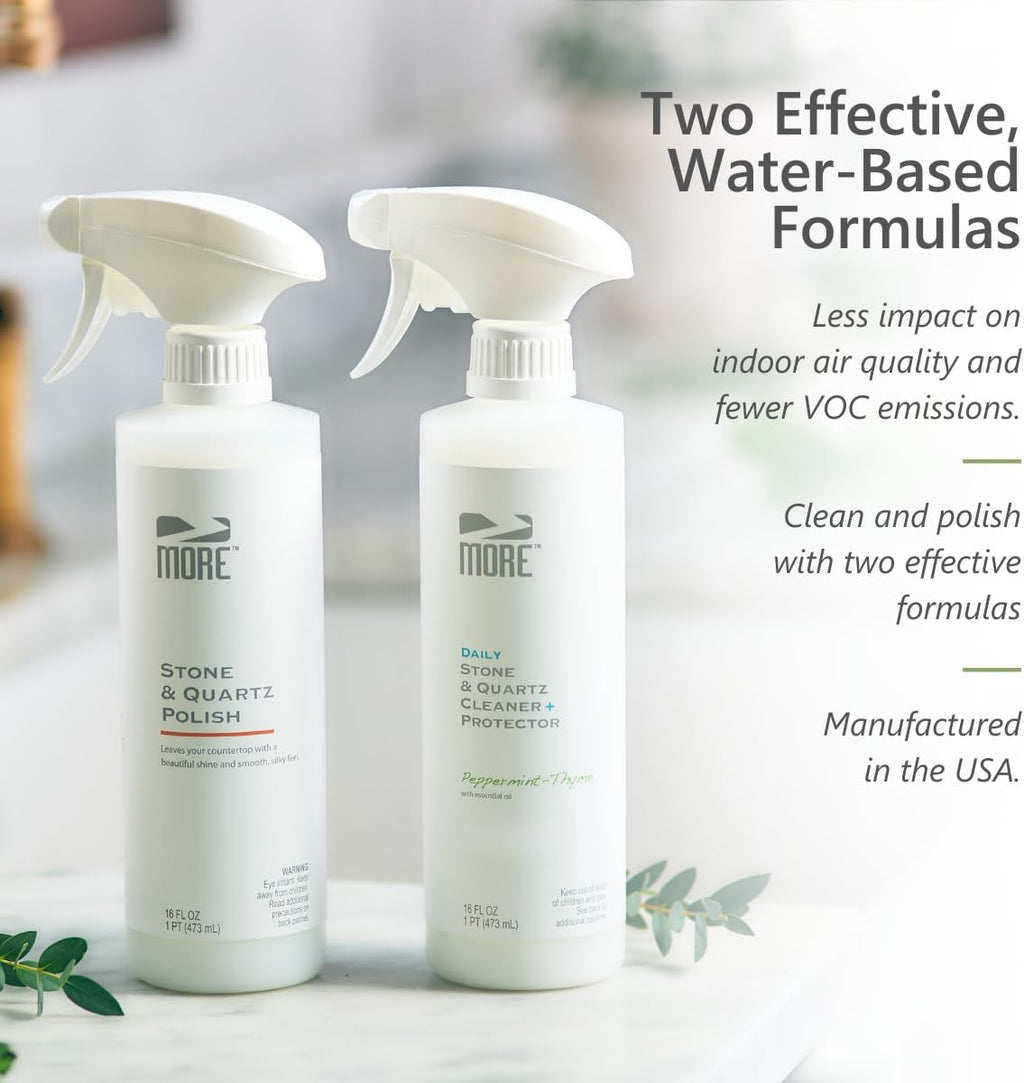 MORE - Twin Pack - Includes Stone & Quartz Cleaner + Polish - Granite, Quartz & Marble Cleaner & Polish - For Kitchen & Bathroom Countertops - Pack of 2 16oz Sprays - Peppermint-Thyme