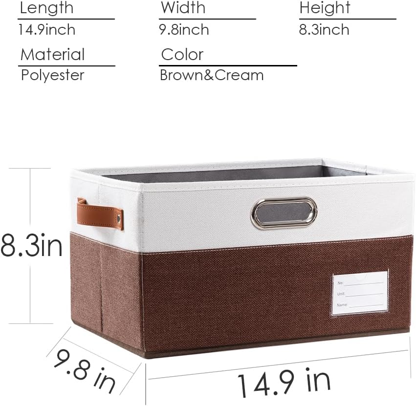 PRANDOM Foldable Storage Bins with Handles [3-Pack] Fabric Collapsible Storage Boxes Baskets Cubes Containers with Handles for Closet Living Room Bedroom (Brown & White 14.9x9.8x8.3'')